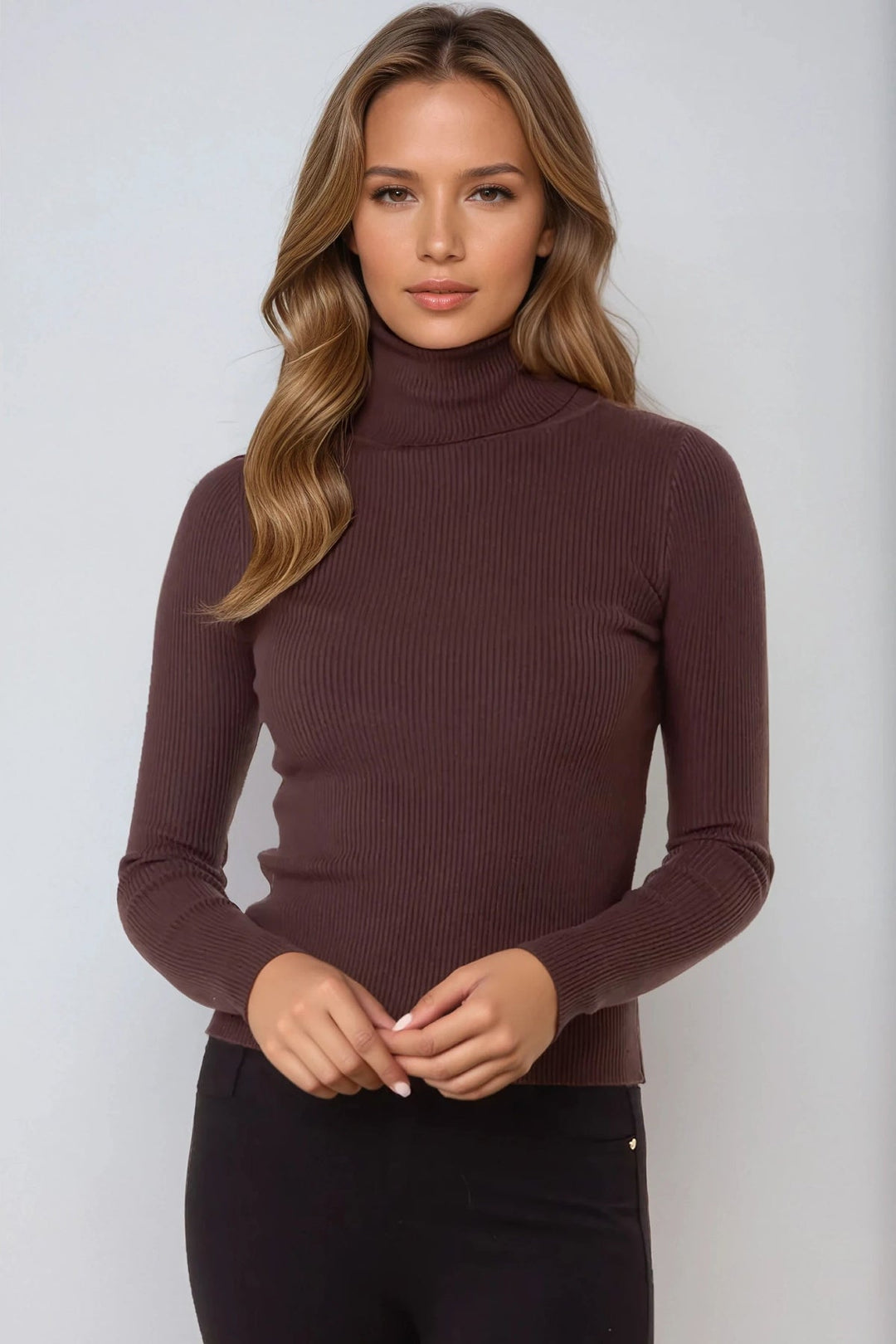 Brown Roll Neck Ribbed Jumper - jqwholesale.com