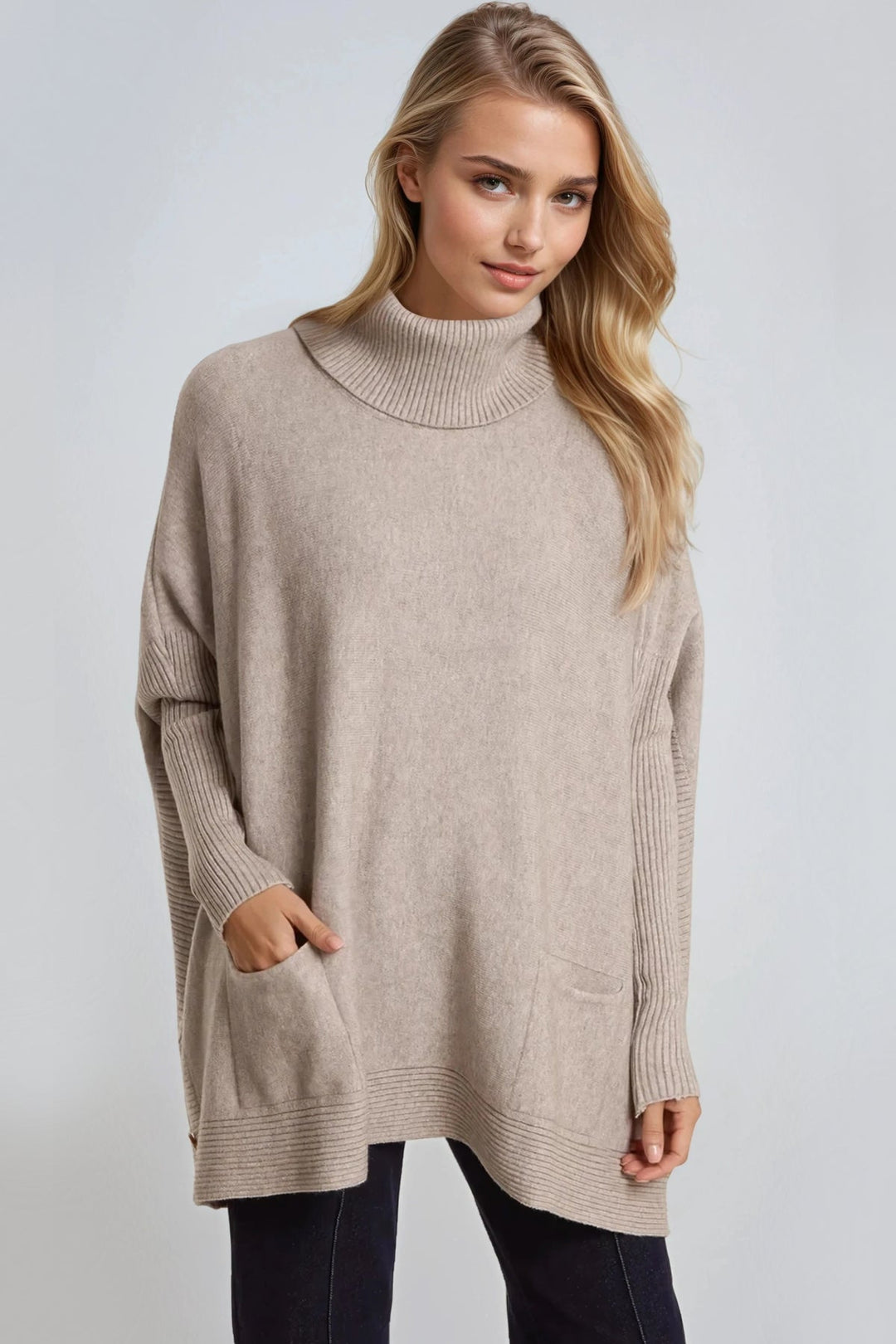 Mocha Roll Neck Jumper Poncho With Side Buttons - jqwholesale.com