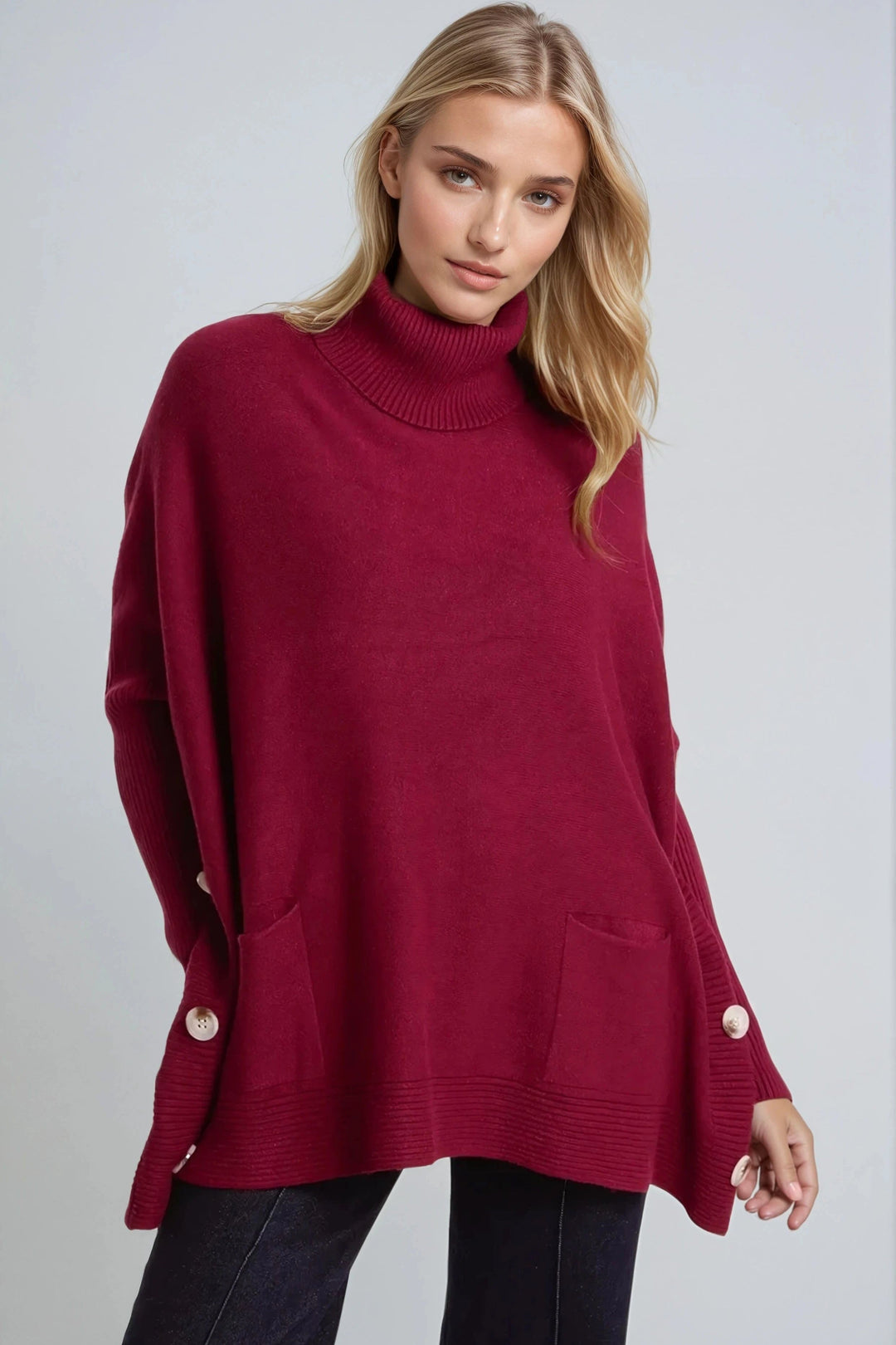 Burgundy Roll Neck Jumper Poncho With Side Buttons - jqwholesale.com