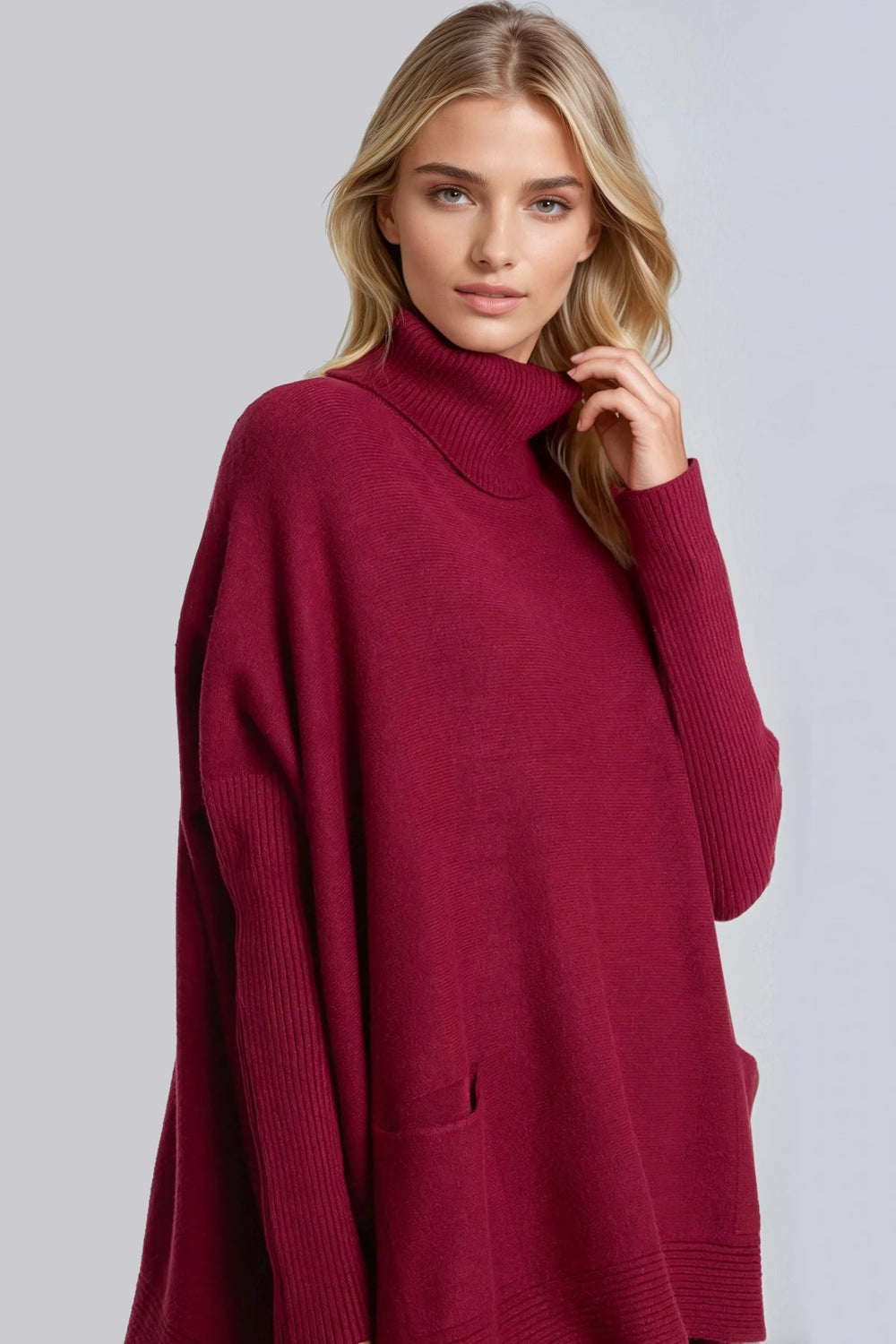 Burgundy Roll Neck Jumper Poncho With Side Buttons - jqwholesale.com