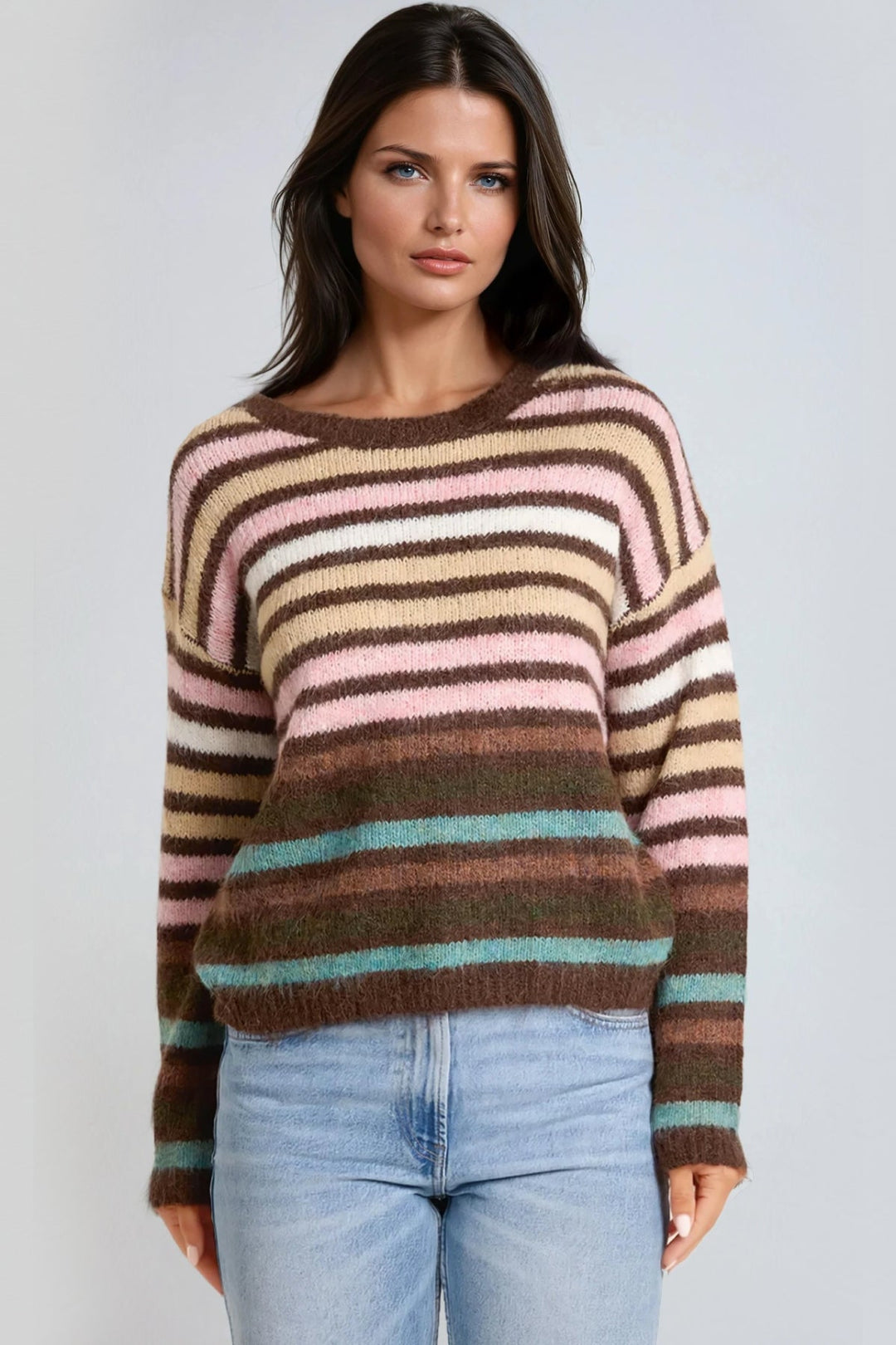 Brown Pink Striped Knitted Jumper - jqwholesale.com