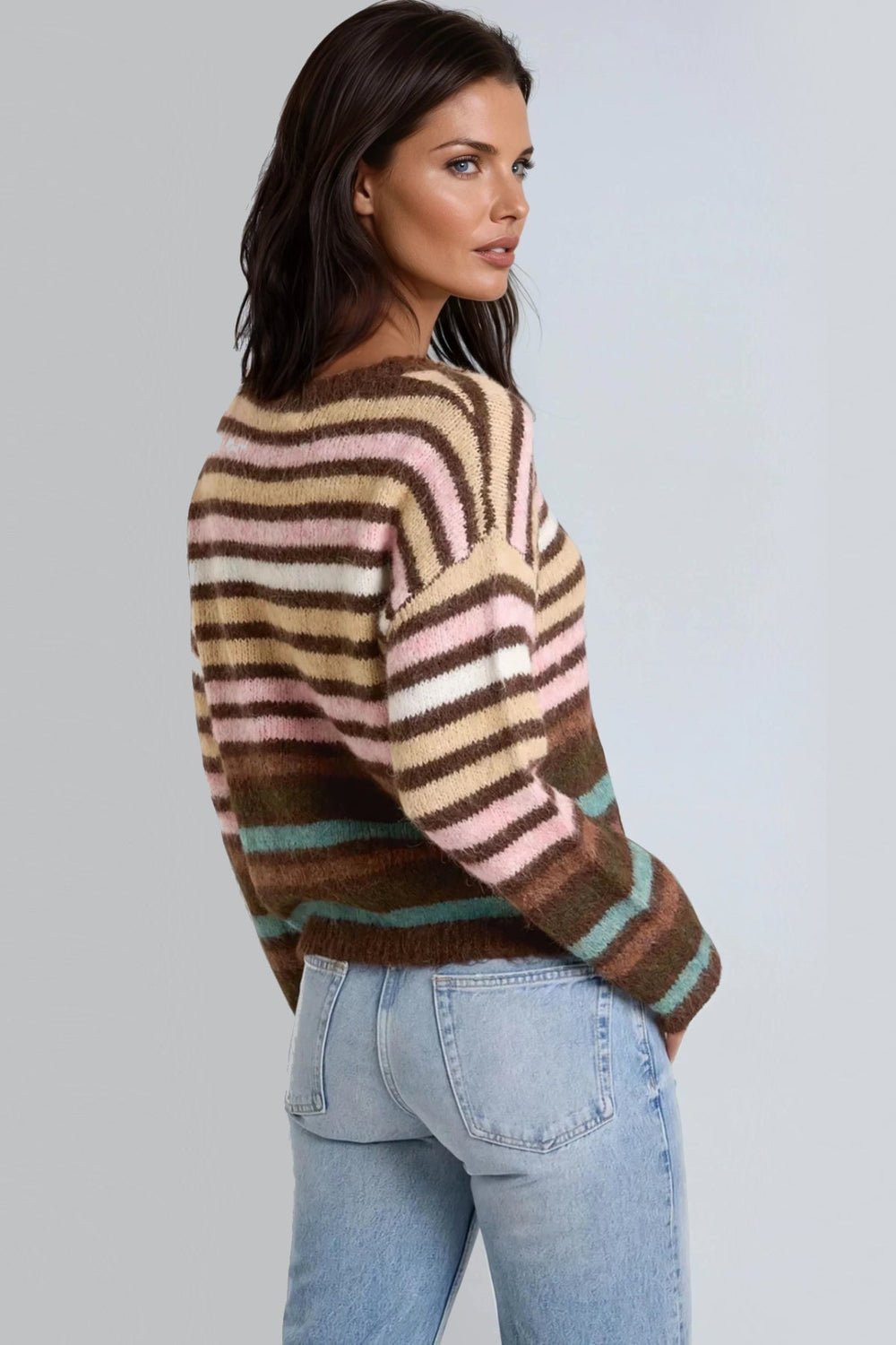 Brown Pink Striped Knitted Jumper - jqwholesale.com