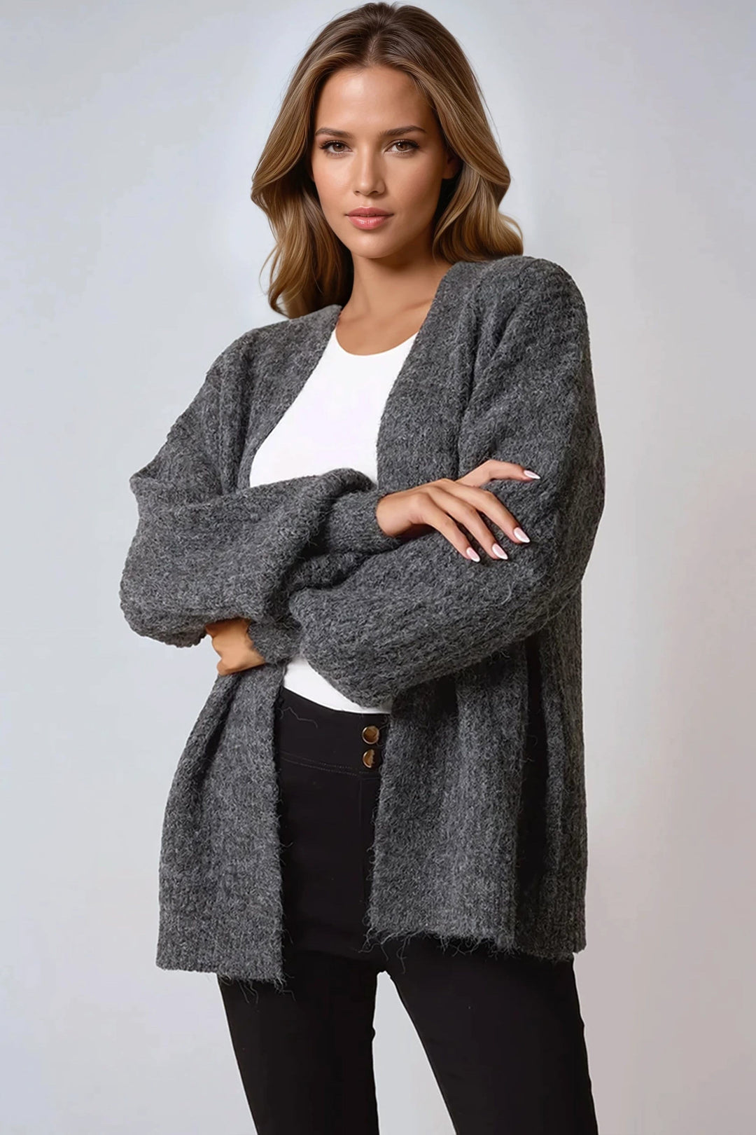 Charcoal Wool Blend Balloon Sleeve Knitted Cardigan - jqwholesale.com