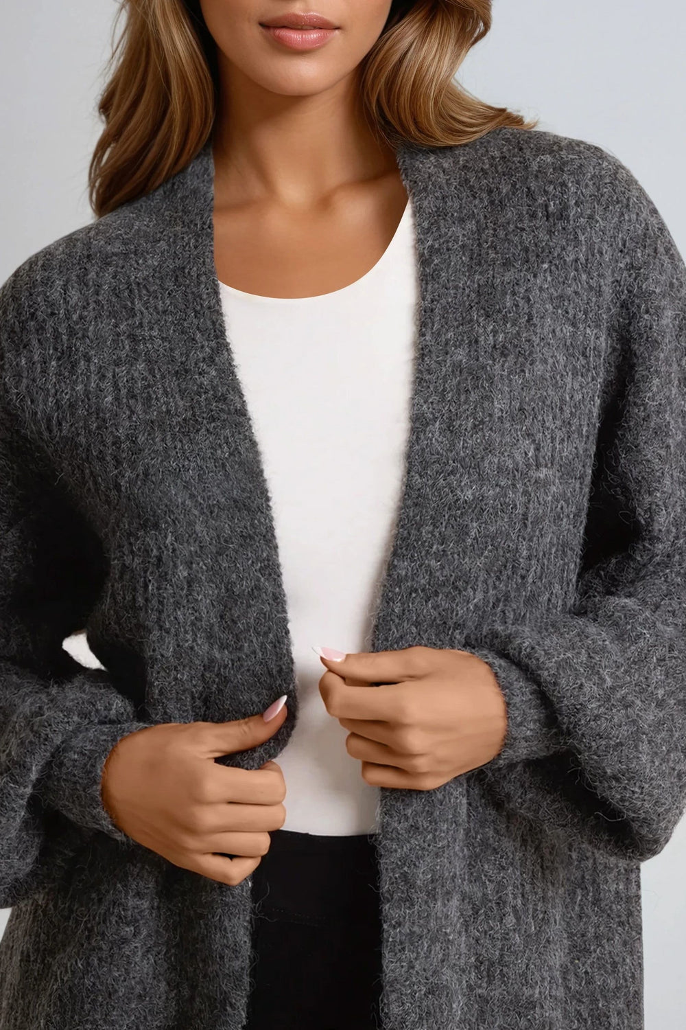 Charcoal Wool Blend Balloon Sleeve Knitted Cardigan - jqwholesale.com