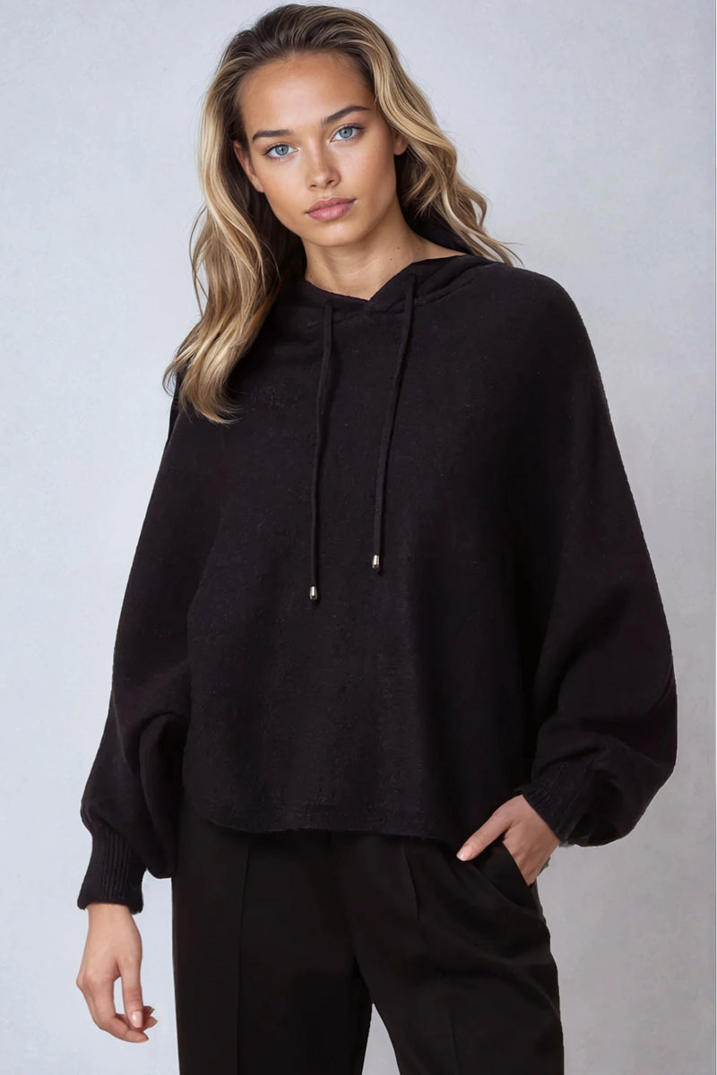 Black Boxy Knit Hoodie - jqwholesale.com