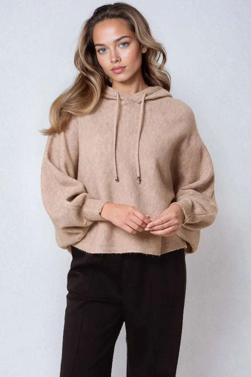 Mocha Boxy Knit Hoodie - jqwholesale.com