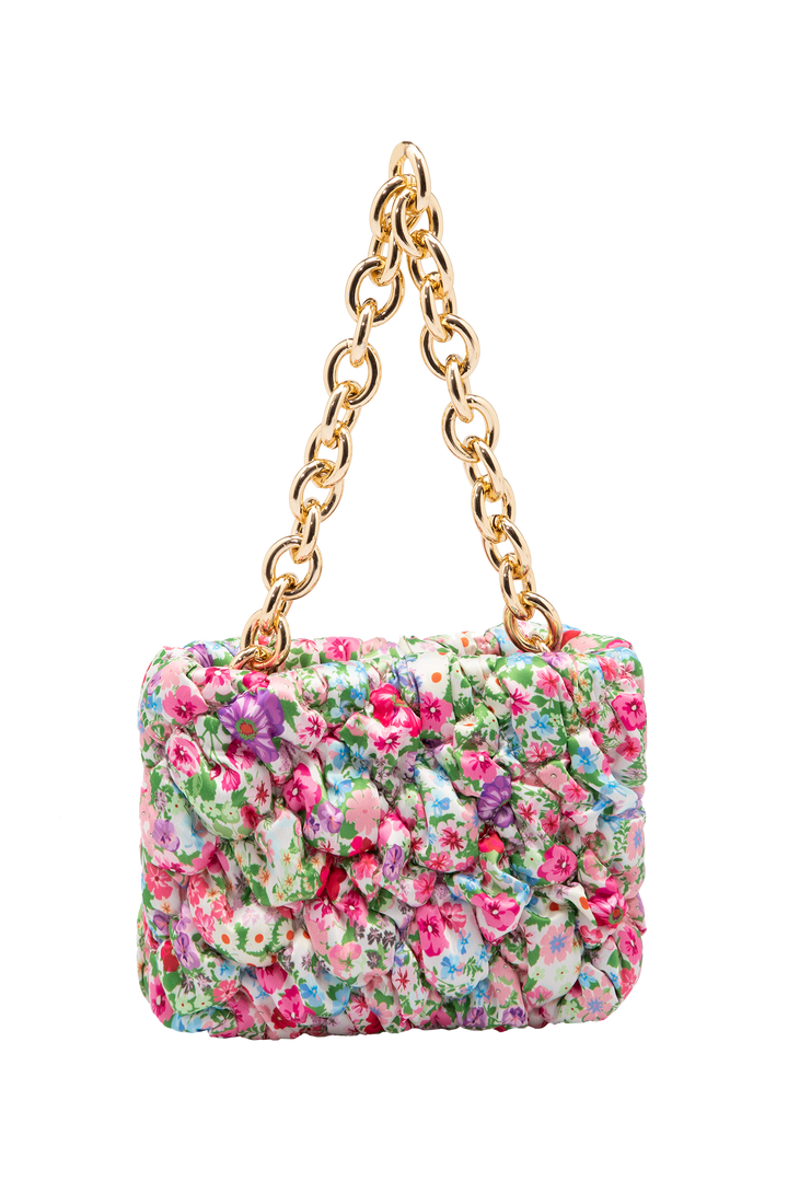 Floral Quilted Shoulder Grab  Bag with Gold Chain Strap - Multi