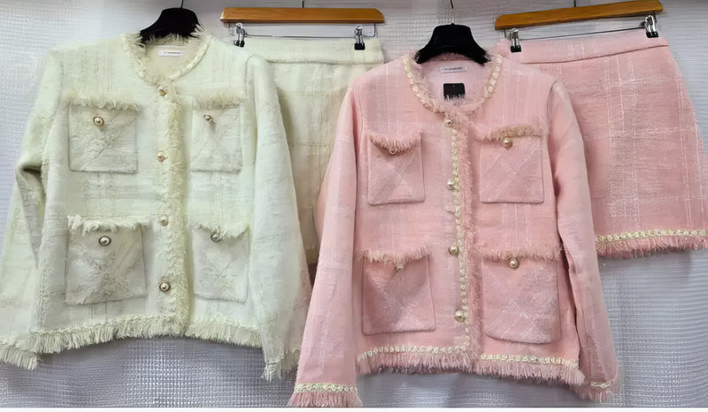 Boucle Pearl Frayed Skirt Two Piece Co-ord Set