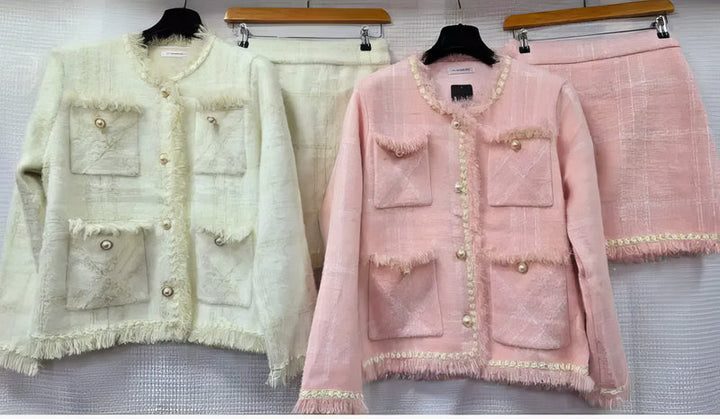 Boucle Pearl Frayed Skirt Two Piece Co-ord Set