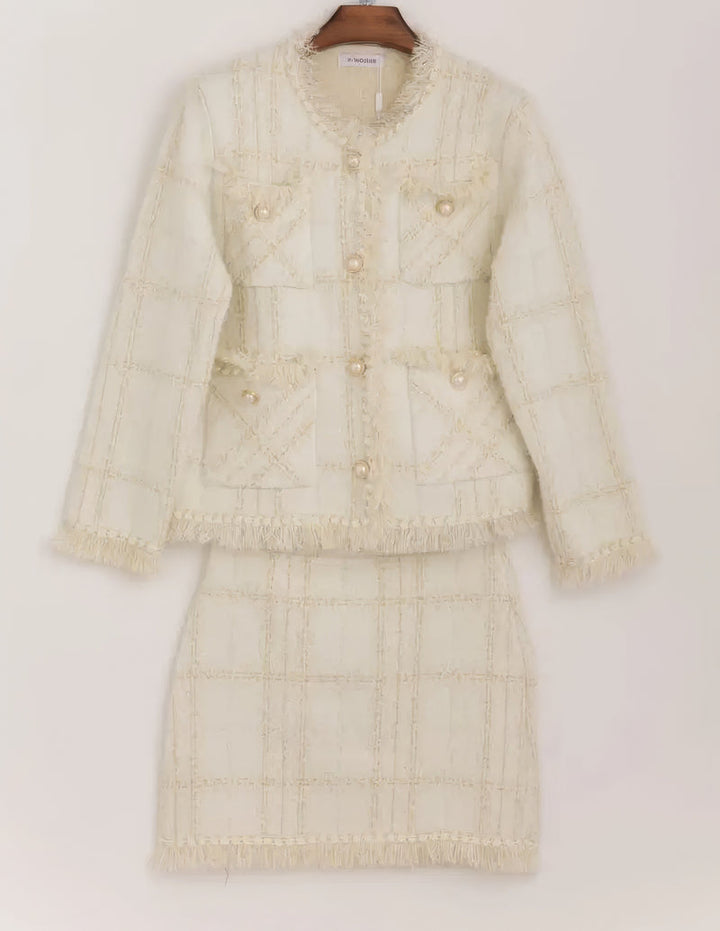 Boucle Pearl Frayed Skirt Two Piece Co-ord Set