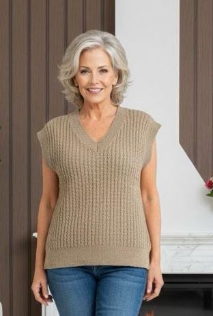 Oversized V Mini Cable Slipover Knit Vest - jqwholesale.com