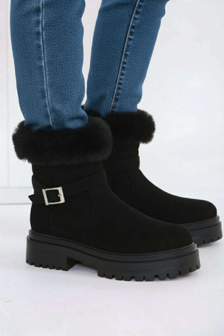 Black Faux Fur Collar Buckle Ankle Boot (PACK OF 12 PAIRS UK3-UK8) - jqwholesale.com