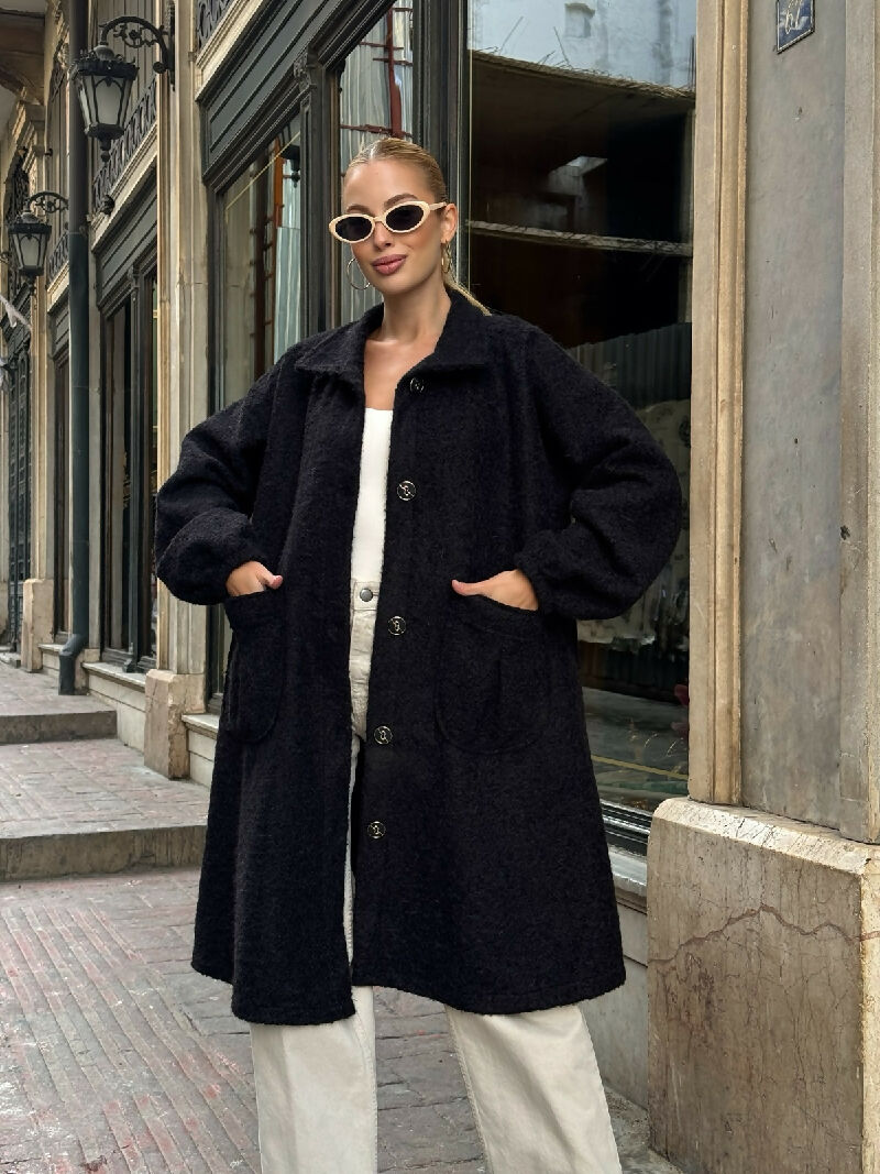 Soft Bouclé Button-Front Long Coat in Black