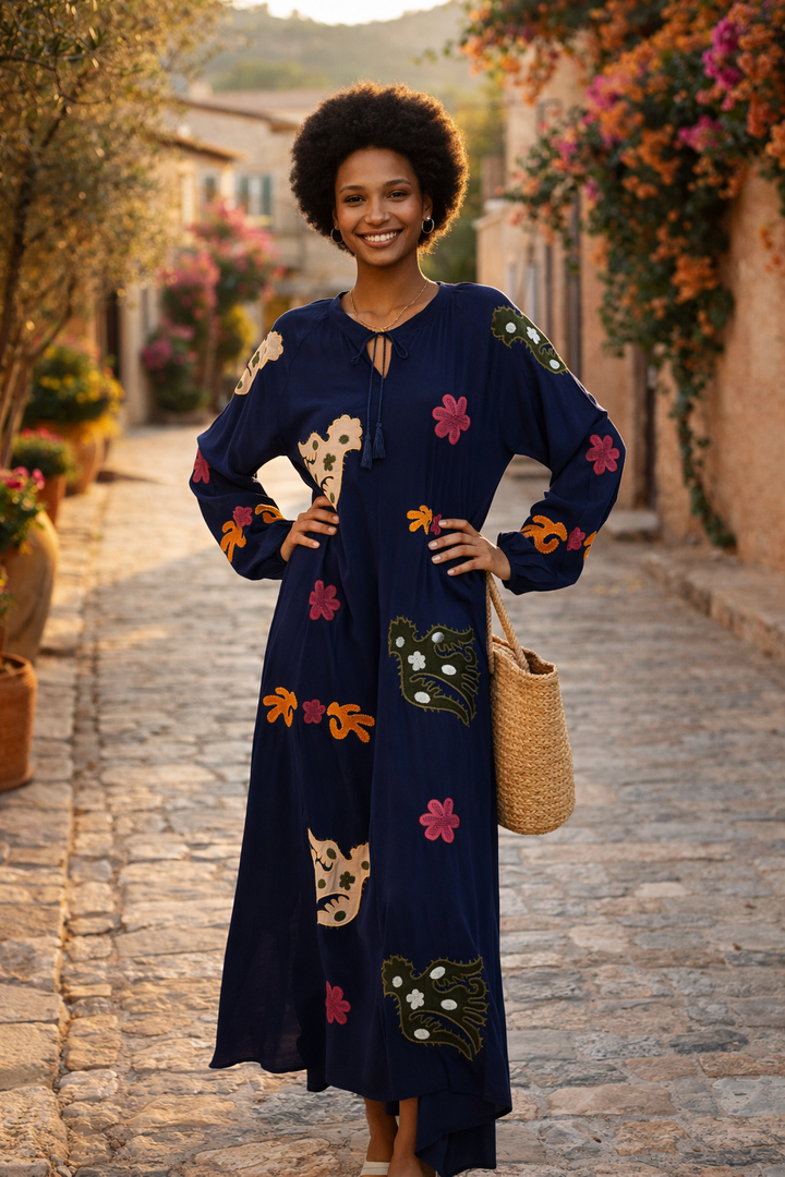 Embroidered Maxi Dress with Statement Motifs in Navy Blue - jqwholesale.com