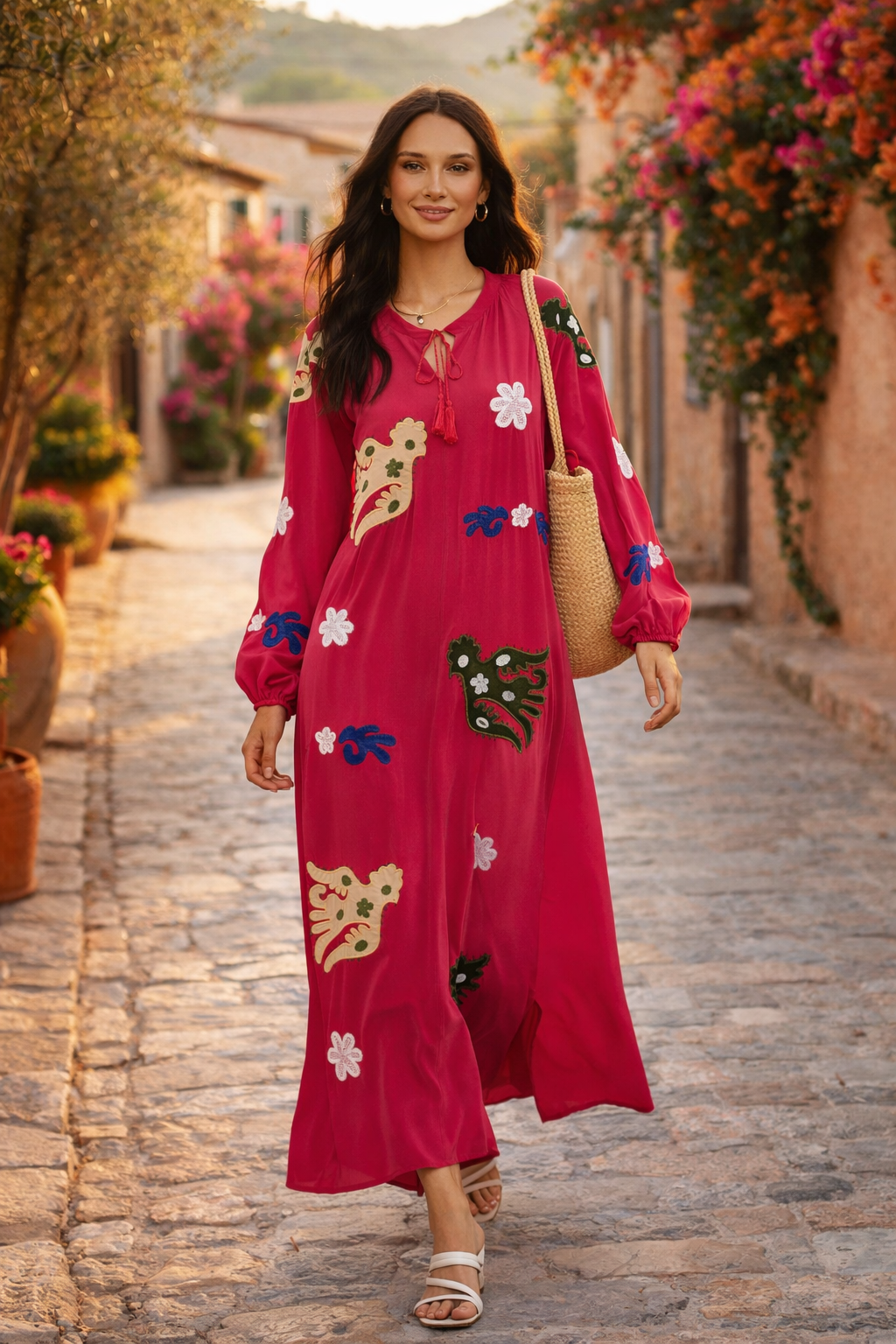 Embroidered Maxi Dress with Statement Motifs in Pink - jqwholesale.com