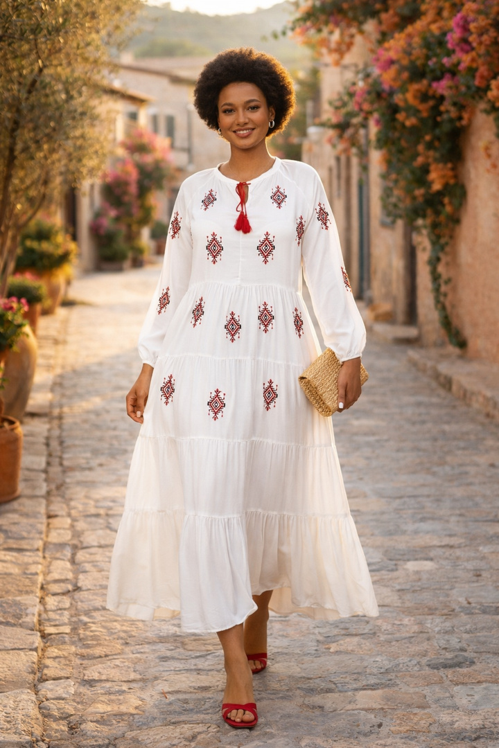 Embroidered Tiered Midi Dress with Tassel Tie in White - jqwholesale.com