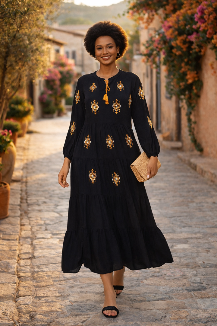 Embroidered Tiered Midi Dress with Tassel Tie in Black - jqwholesale.com