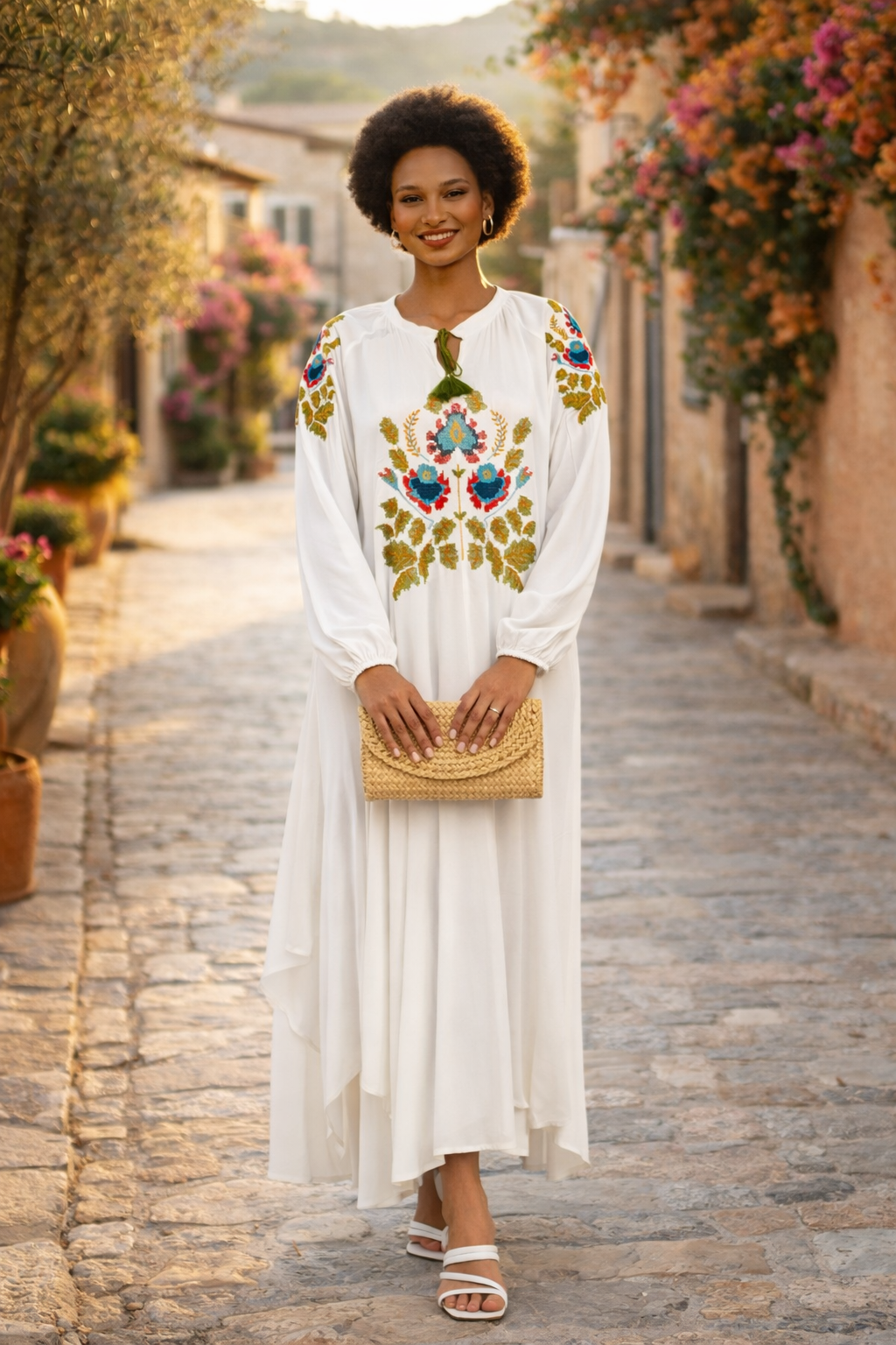 Embroidered Maxi Dress with Tassel Tie Neck in White - jqwholesale.com