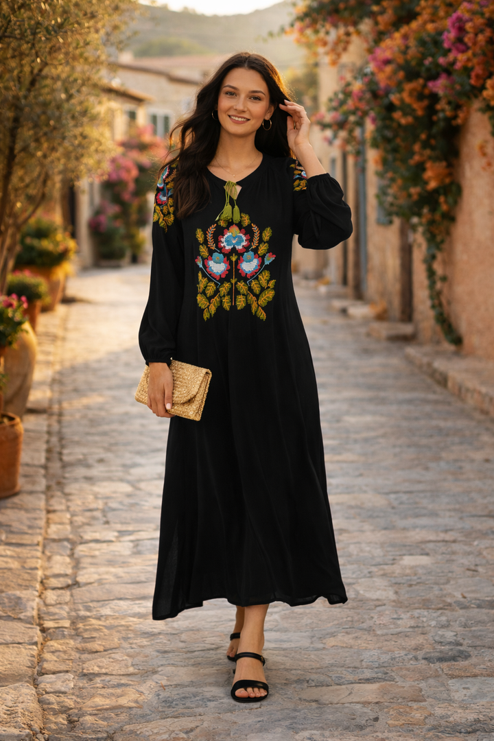 Embroidered Maxi Dress with Tassel Tie Neck in Black - jqwholesale.com