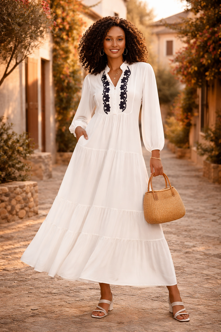 Embroidered Front Tiered Midi Dress in White - jqwholesale.com