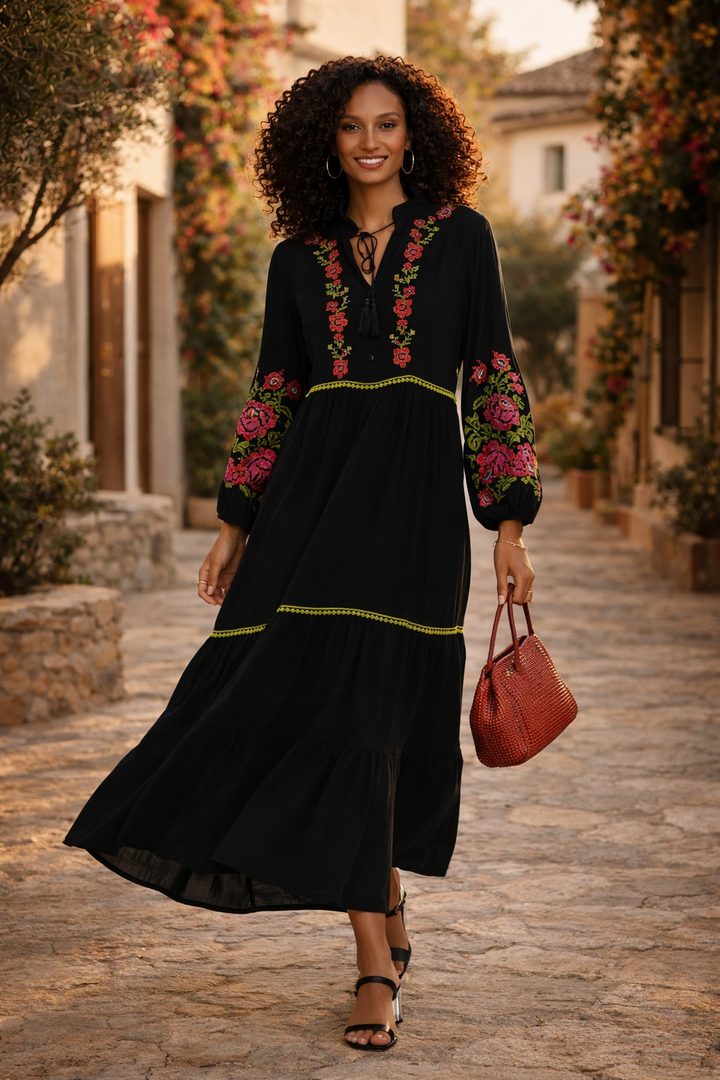 Embroidered Midi Dress with Contrast Floral Detail in Black - jqwholesale.com