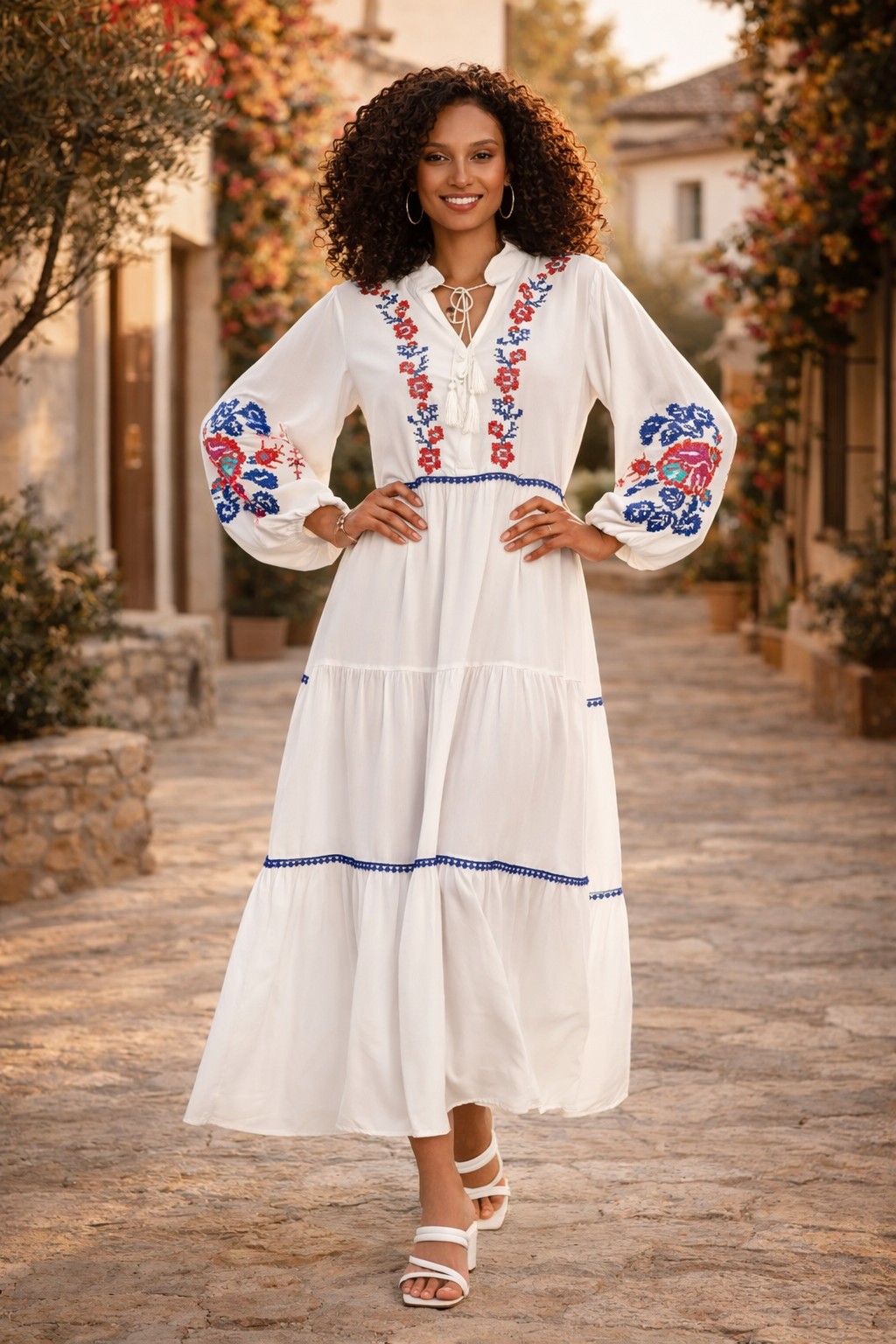 Embroidered Midi Dress with Contrast Floral Detail in White - jqwholesale.com