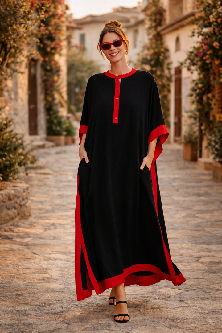 Embroidered Contrast Trim Maxi Kaftan Dress in Black - jqwholesale.com