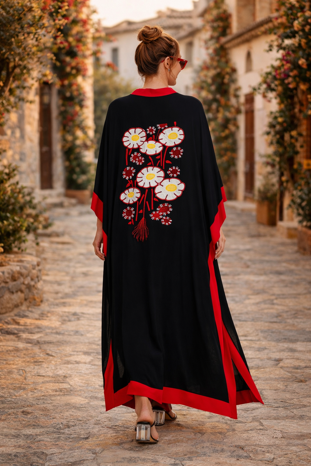 Embroidered Contrast Trim Maxi Kaftan Dress in Black - jqwholesale.com