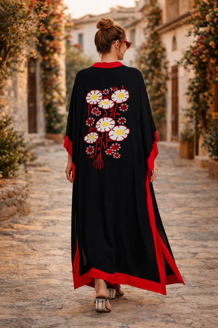 Embroidered Contrast Trim Maxi Kaftan Dress in Black - jqwholesale.com
