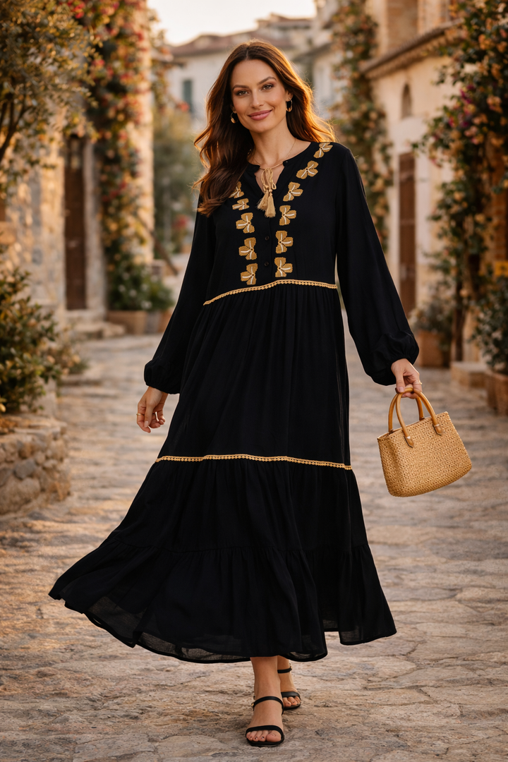 Embroidered Tiered Maxi Dress with Tassel Detail in Black - jqwholesale.com