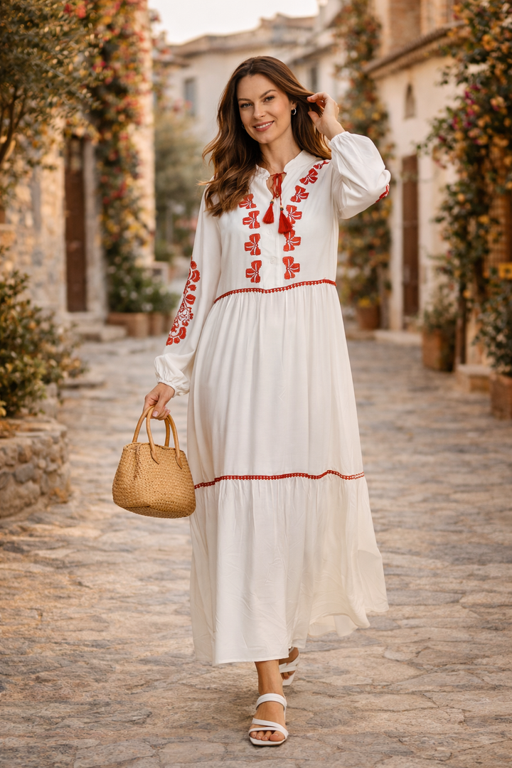 Embroidered Tiered Maxi Dress with Tassel Detail in White - jqwholesale.com