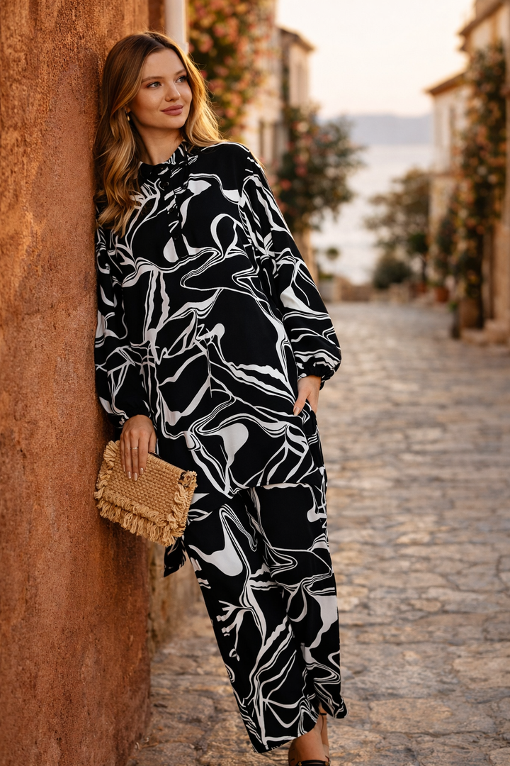 Abstract Print Longline Shirt & Wide Leg Co Ord Set in Black - jqwholesale.com