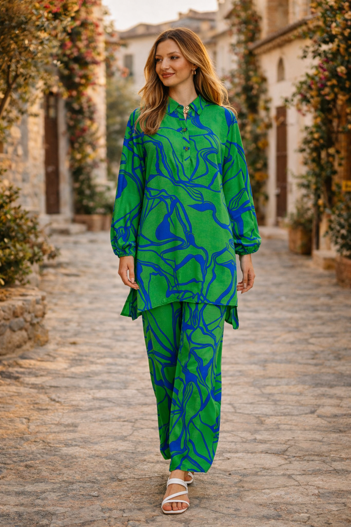 Abstract Print Longline Shirt & Wide Leg Co Ord Set in Green - jqwholesale.com