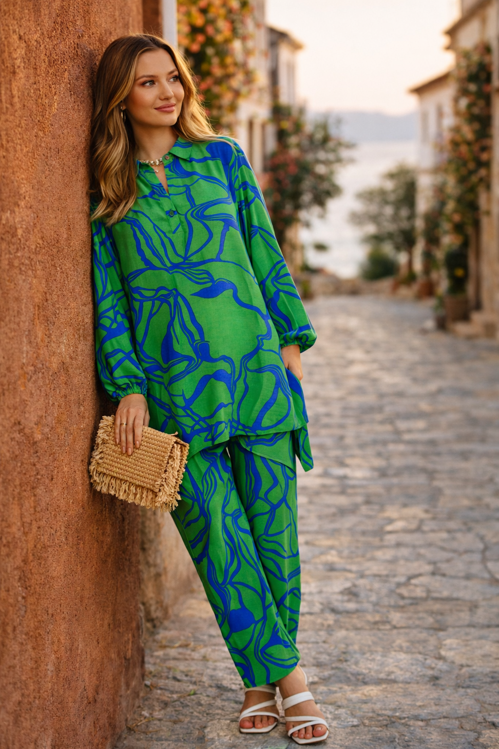 Abstract Print Longline Shirt & Wide Leg Co Ord Set in Green - jqwholesale.com