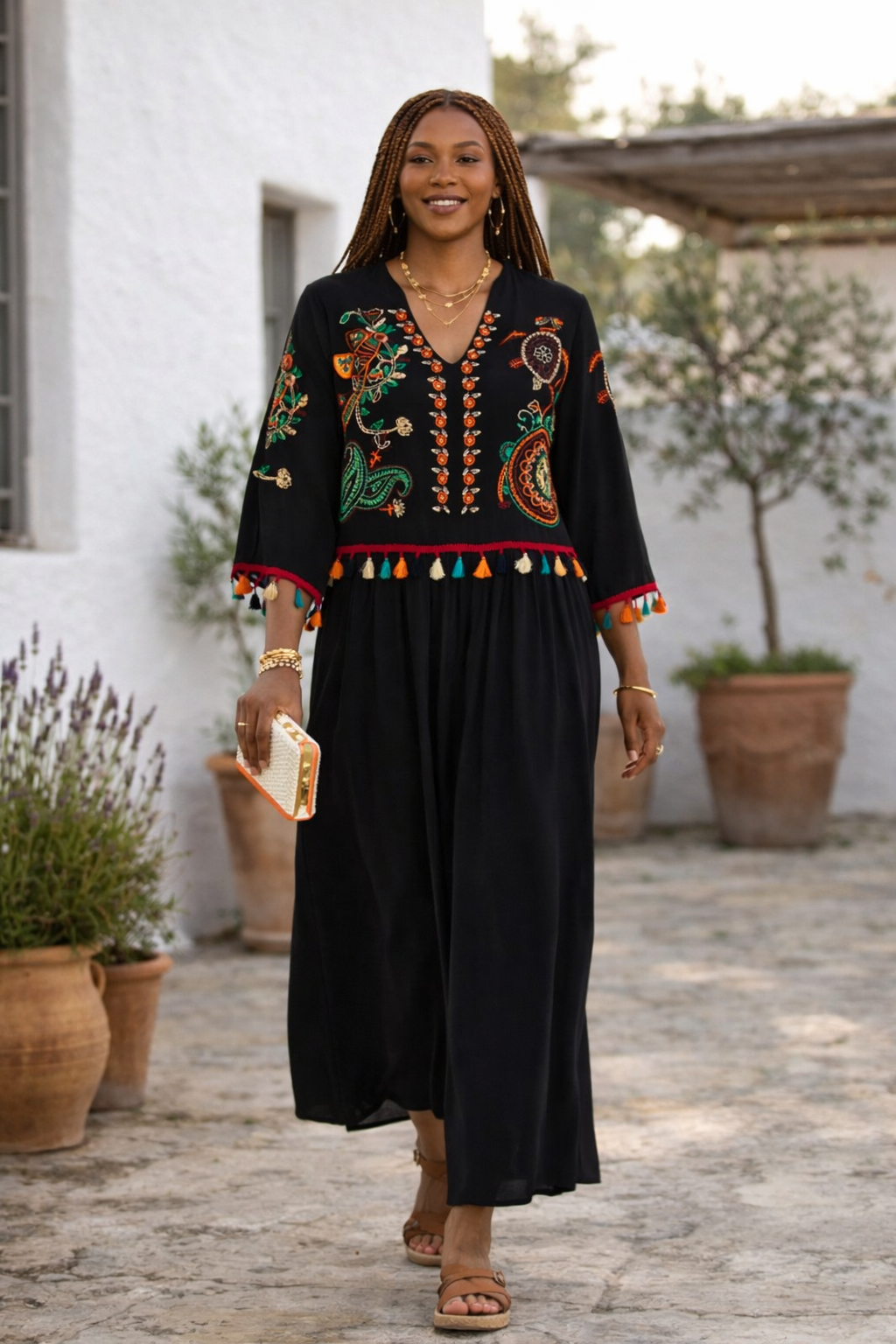 Embroidered Tiered Midi Dress with V-Neck Design in Black - jqwholesale.com