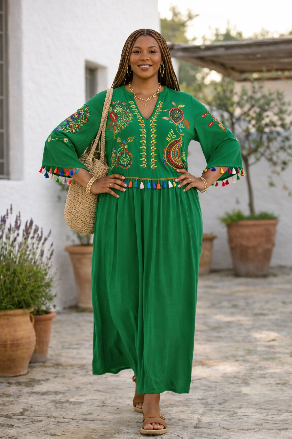 Embroidered Tiered Midi Dress with V-Neck Design in Green - jqwholesale.com