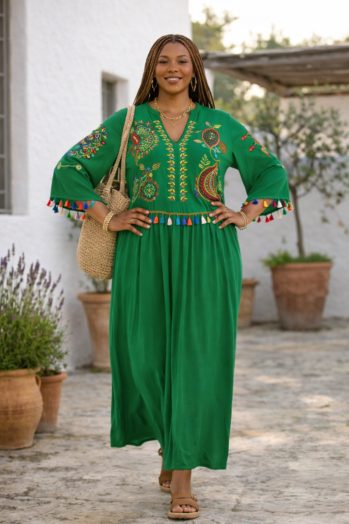 Embroidered Tiered Midi Dress with V-Neck Design in Green - jqwholesale.com