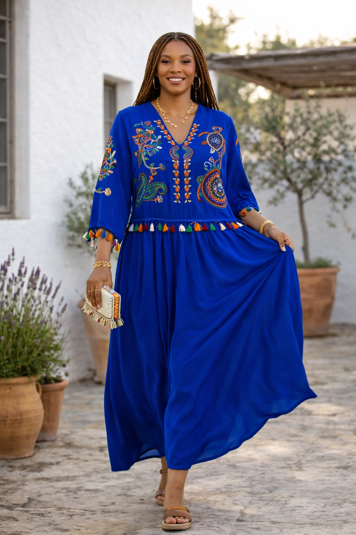 Embroidered Tiered Midi Dress with V-Neck Design in Blue - jqwholesale.com