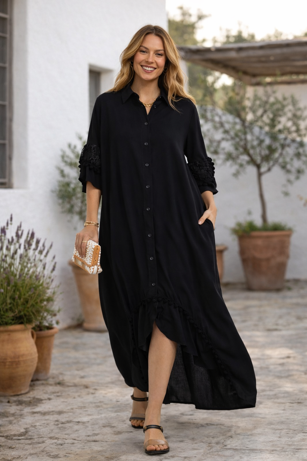 Button Front Midi Shirt Dress with Lace Sleeve Detail in Black - jqwholesale.com