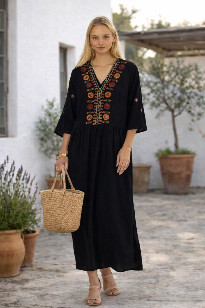 Embroidered V-Neck Maxi Dress in Black - jqwholesale.com