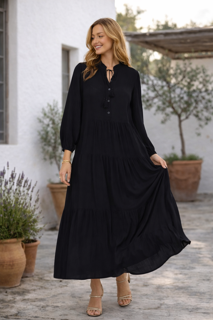 Tiered Maxi Dress with Tie Neck Detail in Black - jqwholesale.com