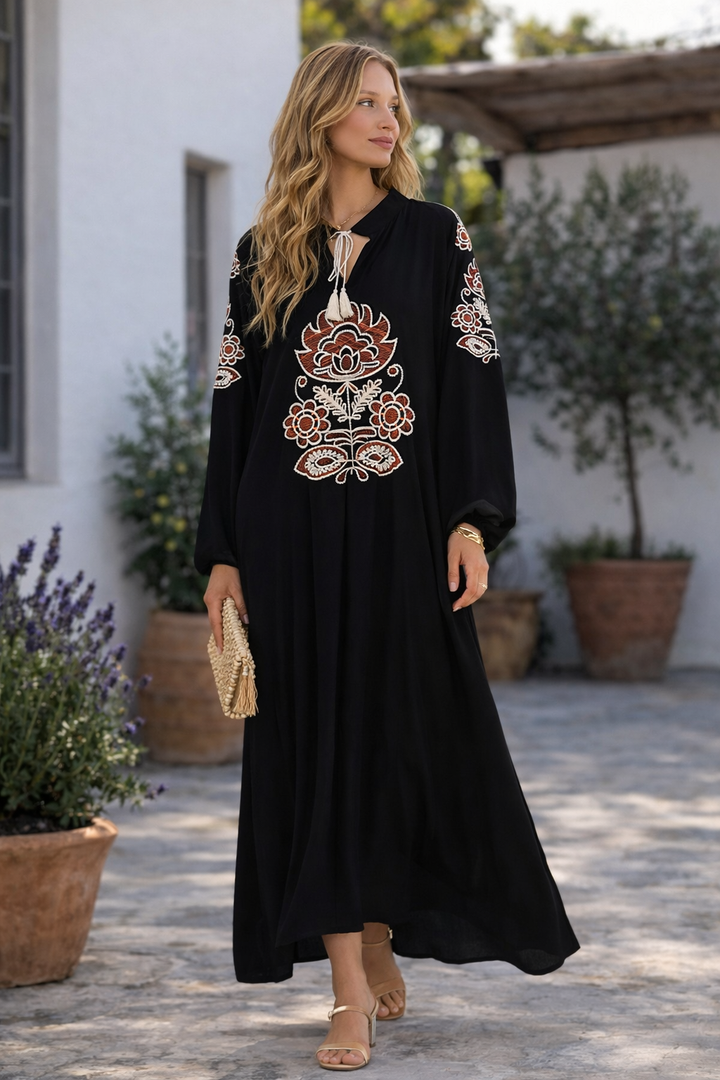 Embroidered Maxi Dress with Tie Neck Detail in Black - jqwholesale.com