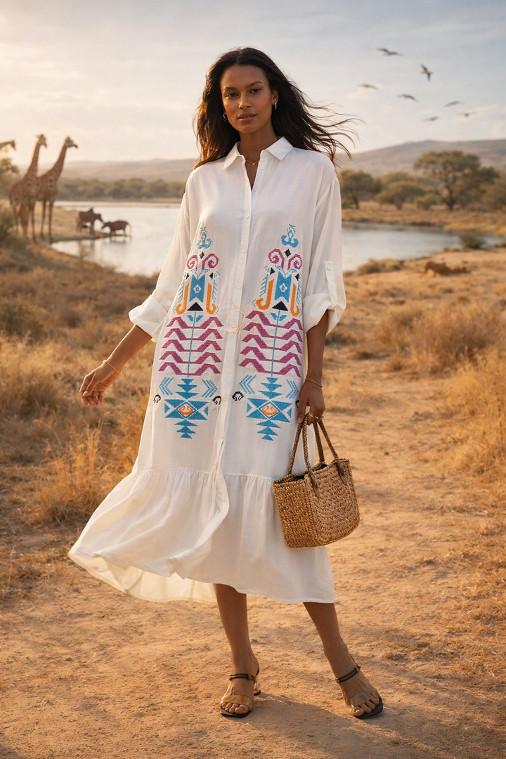 Embroidered Tiered Midi Dress with Button-Through Front in White - jqwholesale.com