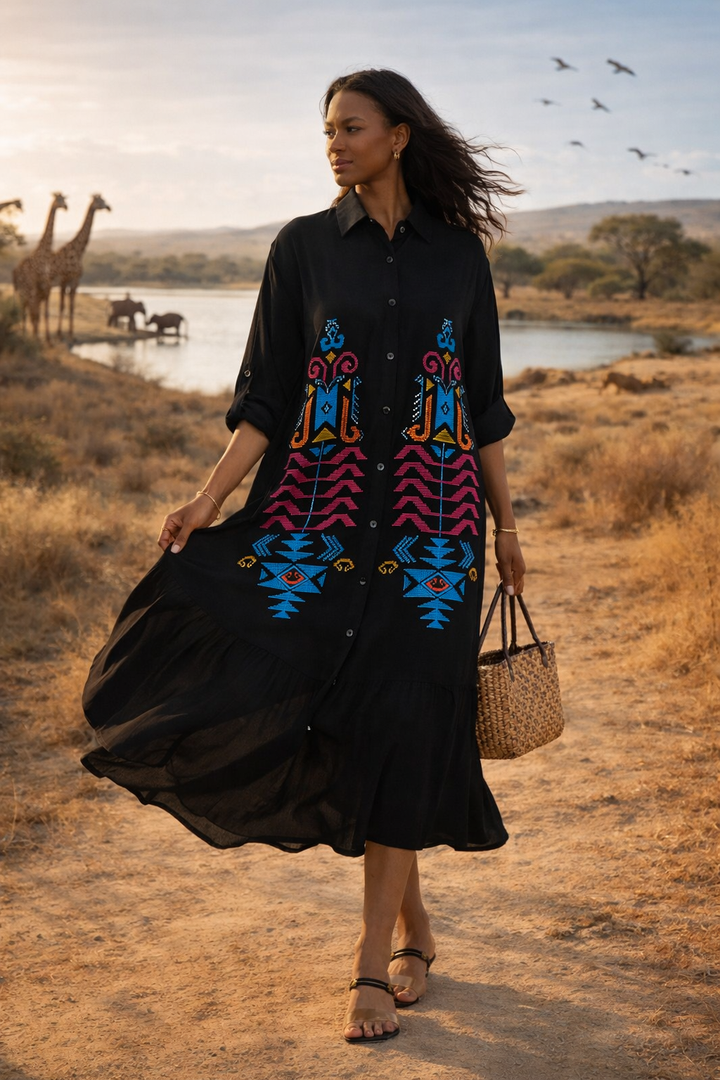 Embroidered Tiered Midi Dress with Button-Through Front in Black - jqwholesale.com