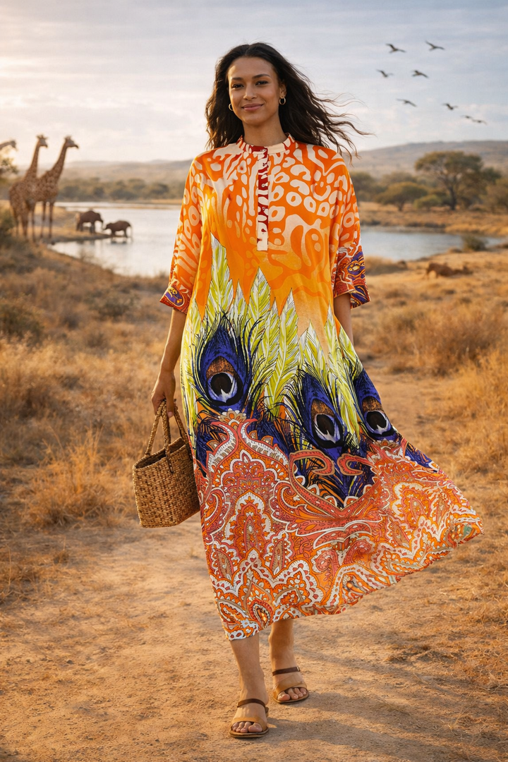 Abstract Print Oversized Maxi Dress in Orange - jqwholesale.com
