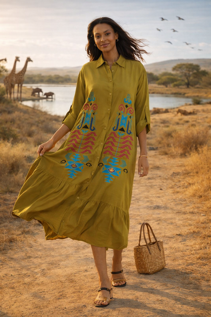 Embroidered Tiered Midi Dress with Button-Through Front in Mustard - jqwholesale.com