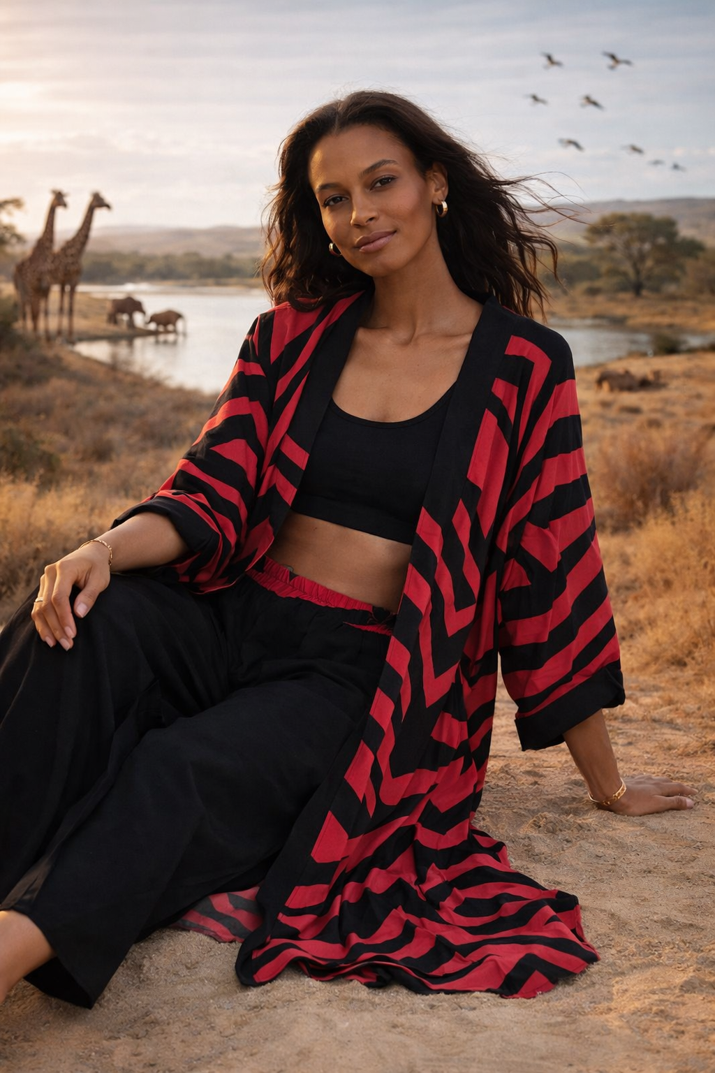 Geometric Print Maxi Trousers & Long Kimono Set in Pink - jqwholesale.com