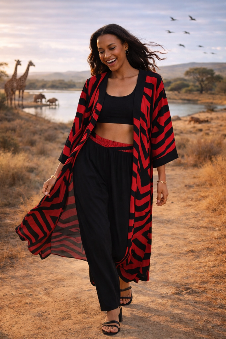 Geometric Print Maxi Trousers & Long Kimono Set in Pink - jqwholesale.com