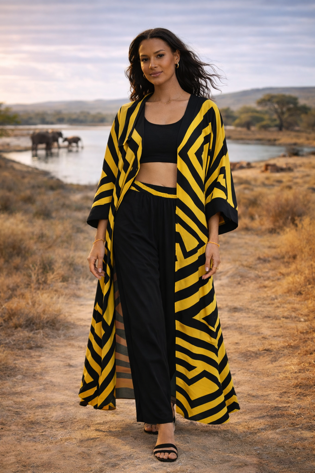 Geometric Print Maxi Trousers & Long Kimono Set in Yellow - jqwholesale.com