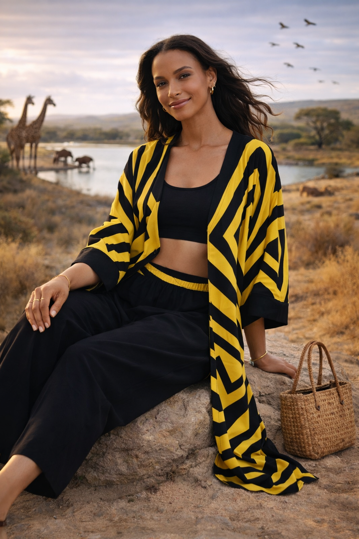 Geometric Print Maxi Trousers & Long Kimono Set in Yellow - jqwholesale.com